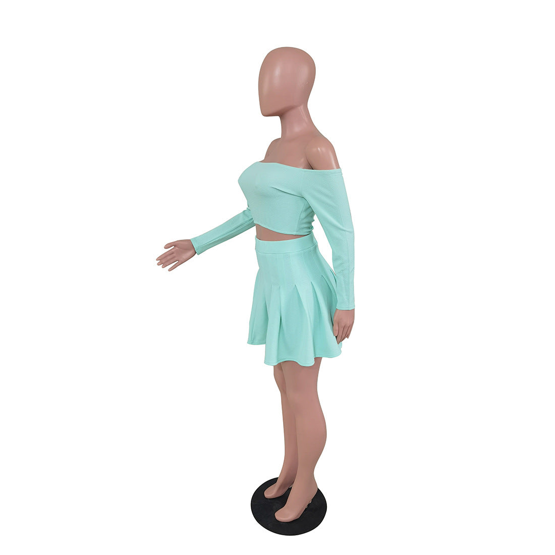 Women's Spring And Summer  Sexy Fashion Solid Color Off Shoulder Long Sleeve Crop Top Pleated Skirt Two-Piece Set 12