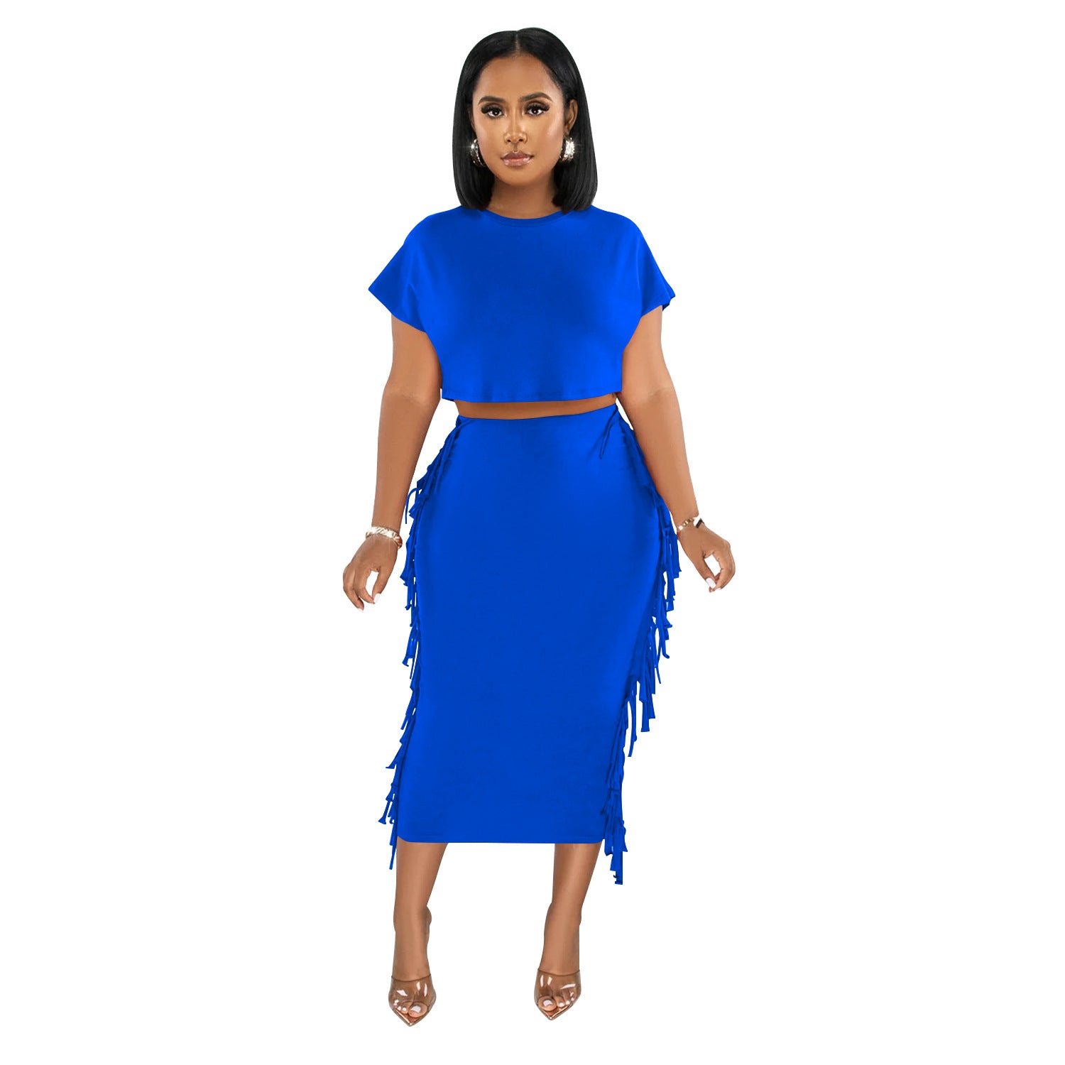 Women Solid Tassel Round Neck Short Sleeve Top and Long Dress Two-Piece Set 13