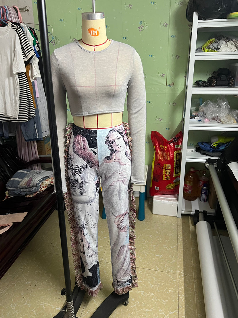 Fall Casual Fashion Women's Multi-Color Pattern Fringed Pants 8