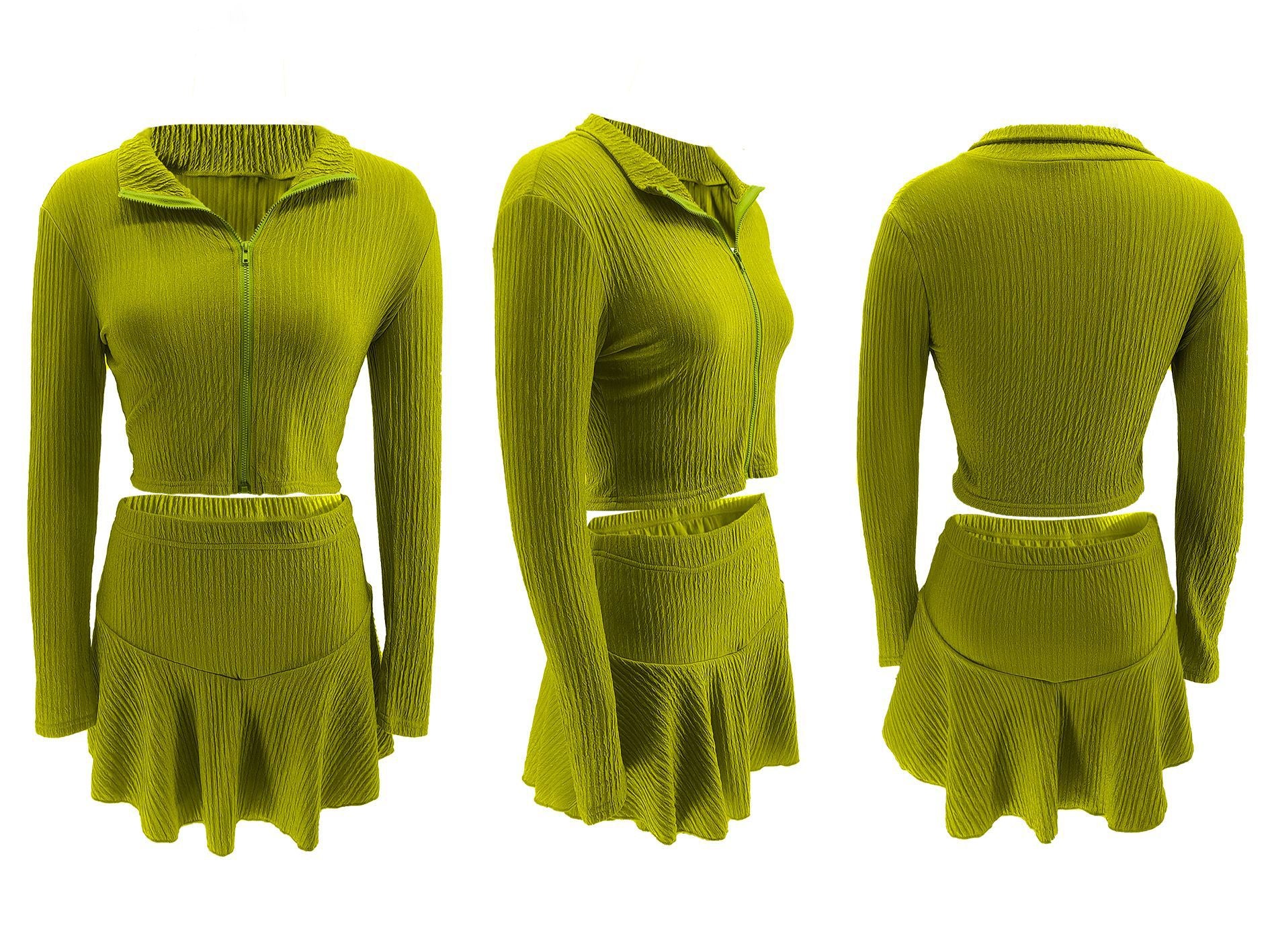 Women Solid Zippered Cropped Top Two-piece set with ruffled skirt 61