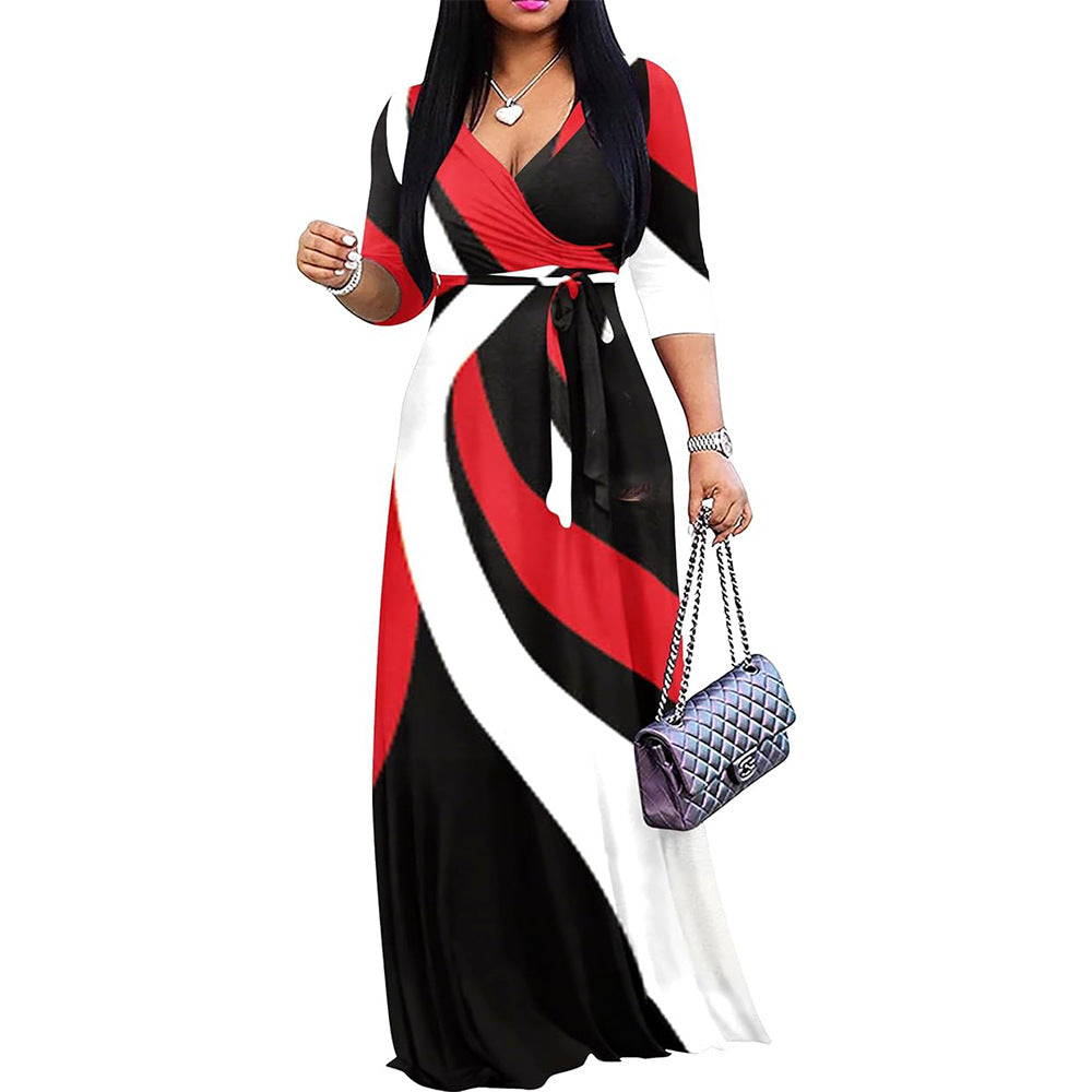 Women Flower Tie-dye Sexy V-neck Half-Sleeve Maxi Dress 9