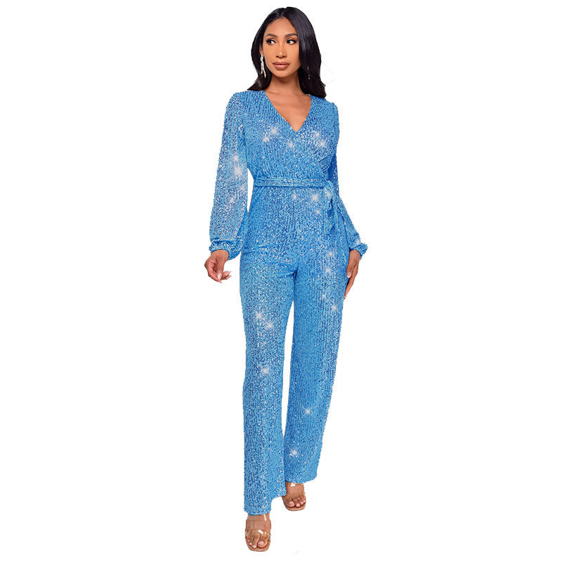 Fashion Casual Long Sleeve Belt Sequin Jumpsuit Women's Clothing 9