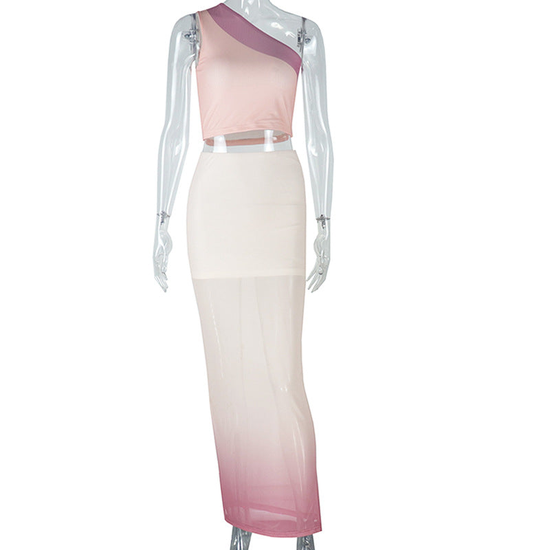 Fashionable Women's Tight Fitting Gradient Slash Shoulder Two-Piece Skirt Set 10