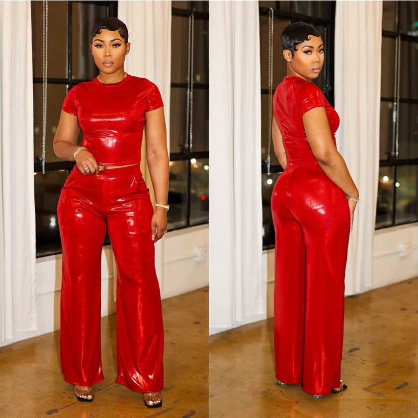 Women Summer Shiny Solid Short Sleeve Top and Wide Leg Pants Two Piece Set 3