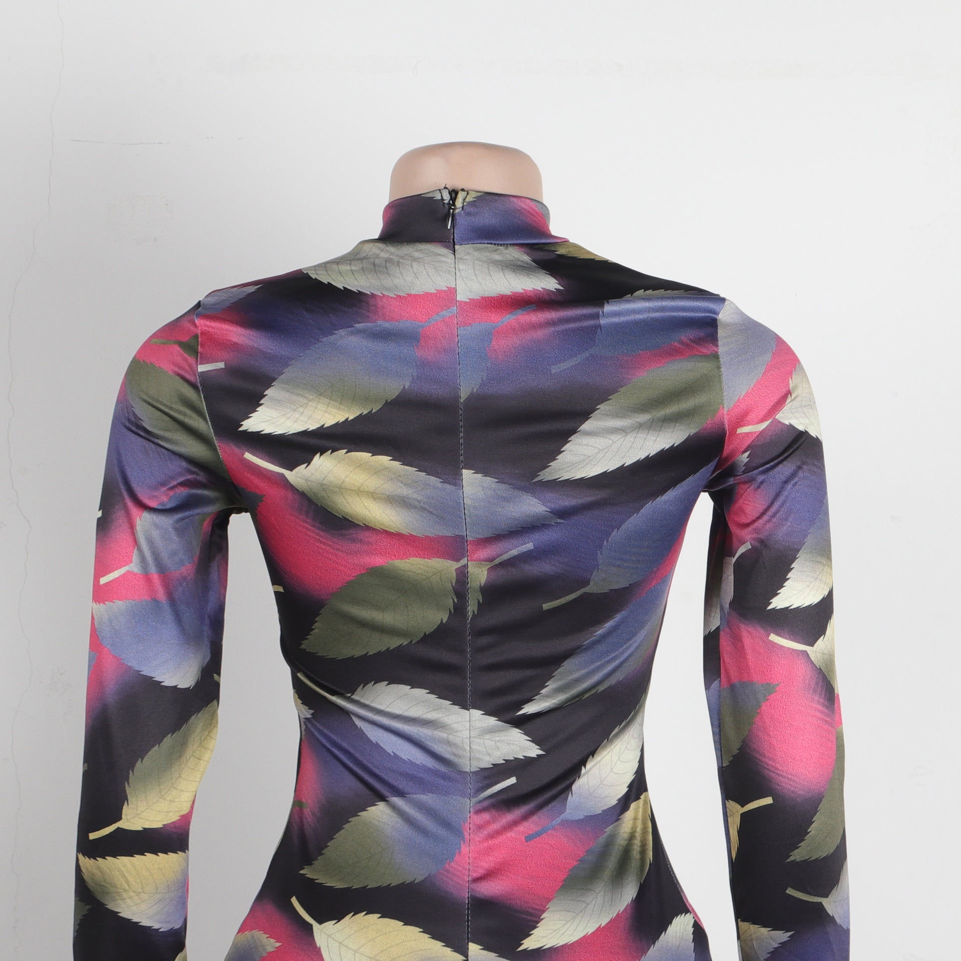 Sexy Printed Stretch Round Neck Long Sleeve Bodycon Tight Fitting Mermaid Long Dress 33