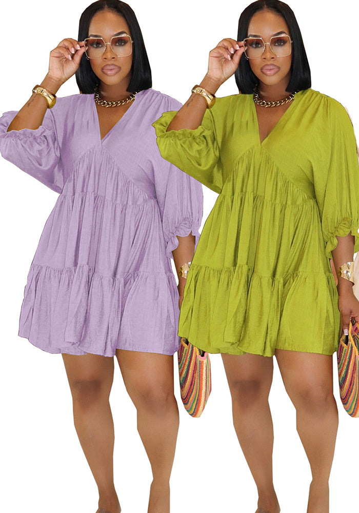 Women Solid Casual V Neck Three-quarter Sleeve Pleated Dress