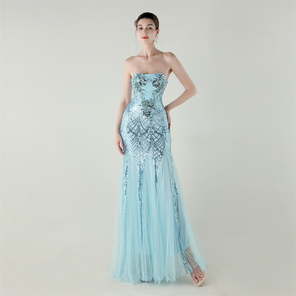 Women Strapless cross Lace-Up sequined tube flower sequined mesh evening dress Formal Party evening dress 74
