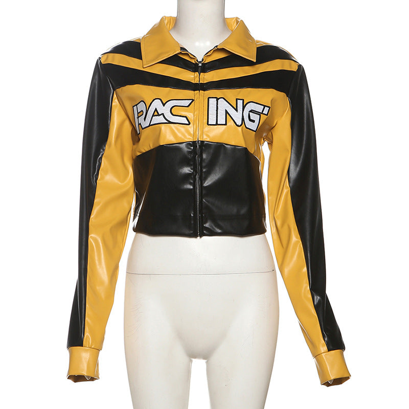 Women winter embroidery contrasting color Turndown Collar long-sleeved zipper jacket 6