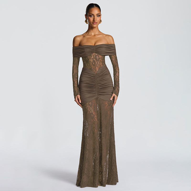 Women's Chic Lace Patchwork Off-Shoulder Slit Long Sleeve Ruffle Maxi Dress 3