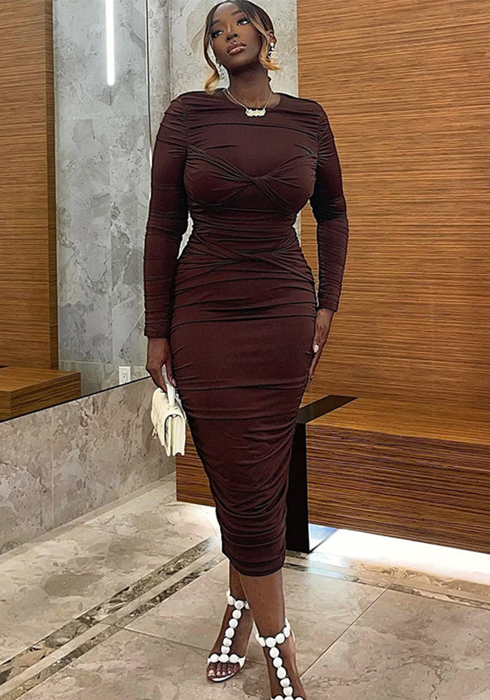 Women Solid Round Neck Long Sleeve Dress