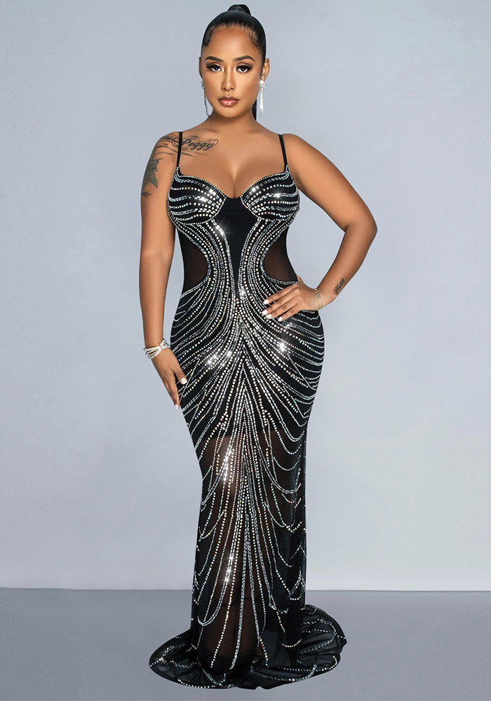 Women Mesh See-Through Beaded Suspender Sexy Backless Bodycon Dress