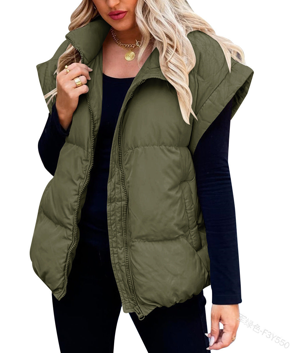 Women Solid Zipper Pocket Stand Collar Padding Vest 18