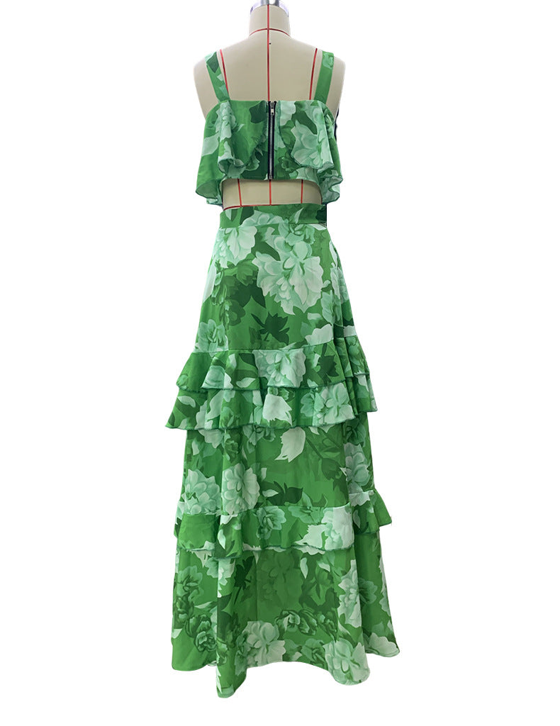 Women's Fashion Holidays Style Floral Printed Strap Top Ruffle Skirt Two-Piece Set 10