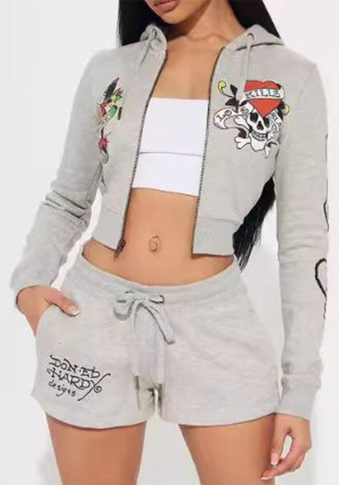 Women's Fashion Casual Print Zip Hooded Sport Two Piece Shorts Set