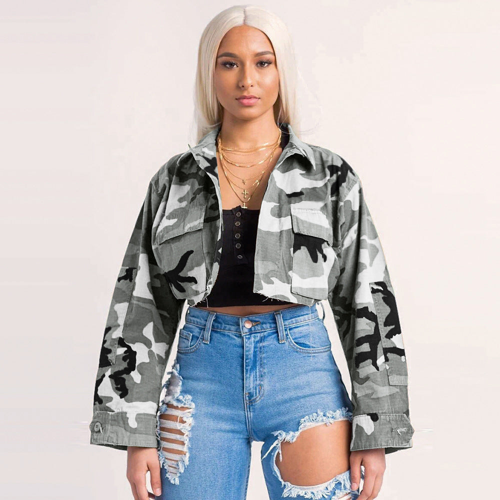 Women'S Long Casual Fashion Camouflage Print Big Pocket Turndown Collar Short Jacket 4
