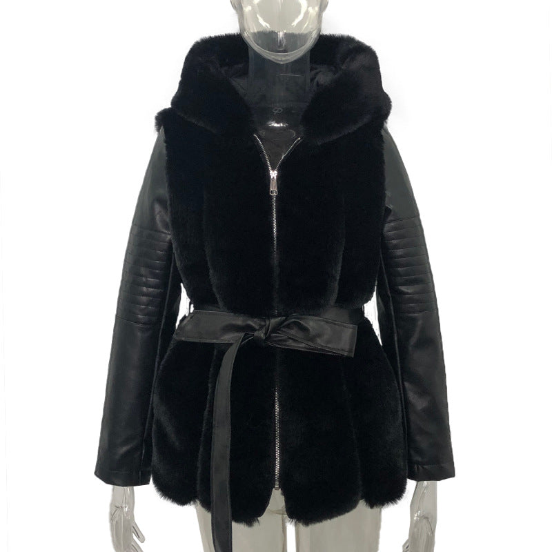 Women Faux furry Belted Hooded Solid Zip Jacket 13