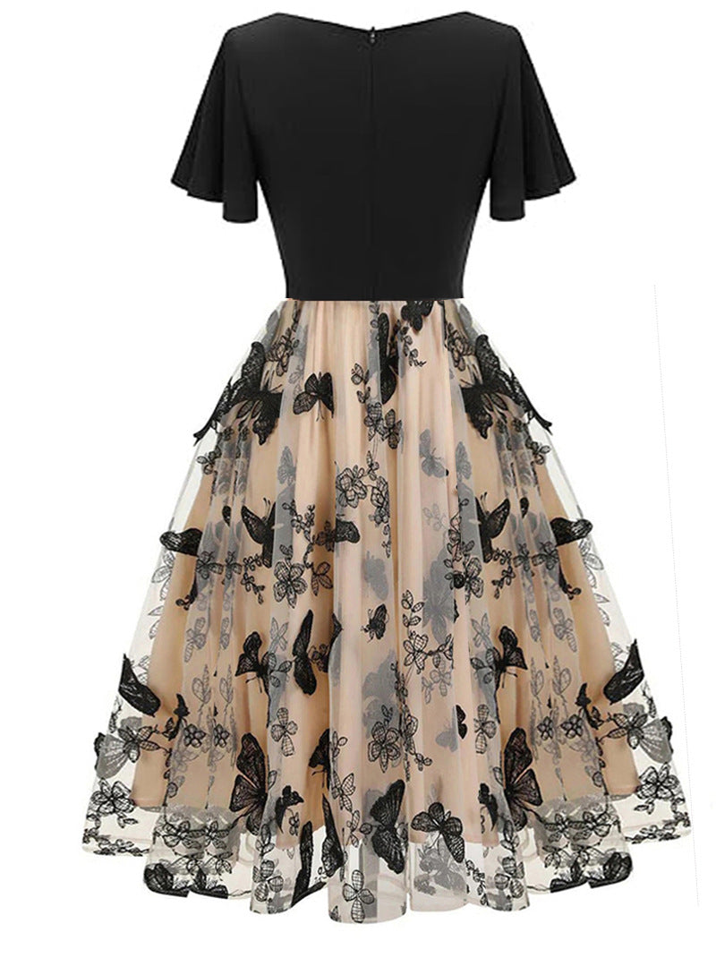 Women V-neck Patchwork Short Sleeve Retro Butterfly Mesh Embroidered Dress 5