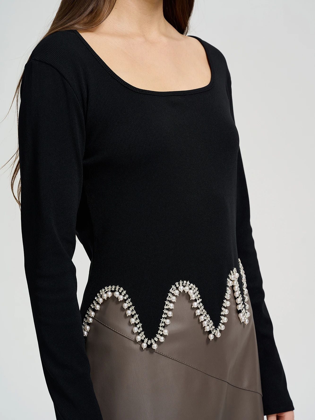 Solid Color Knitting Ribbed Long Sleeve Irregular Knitting Top 7