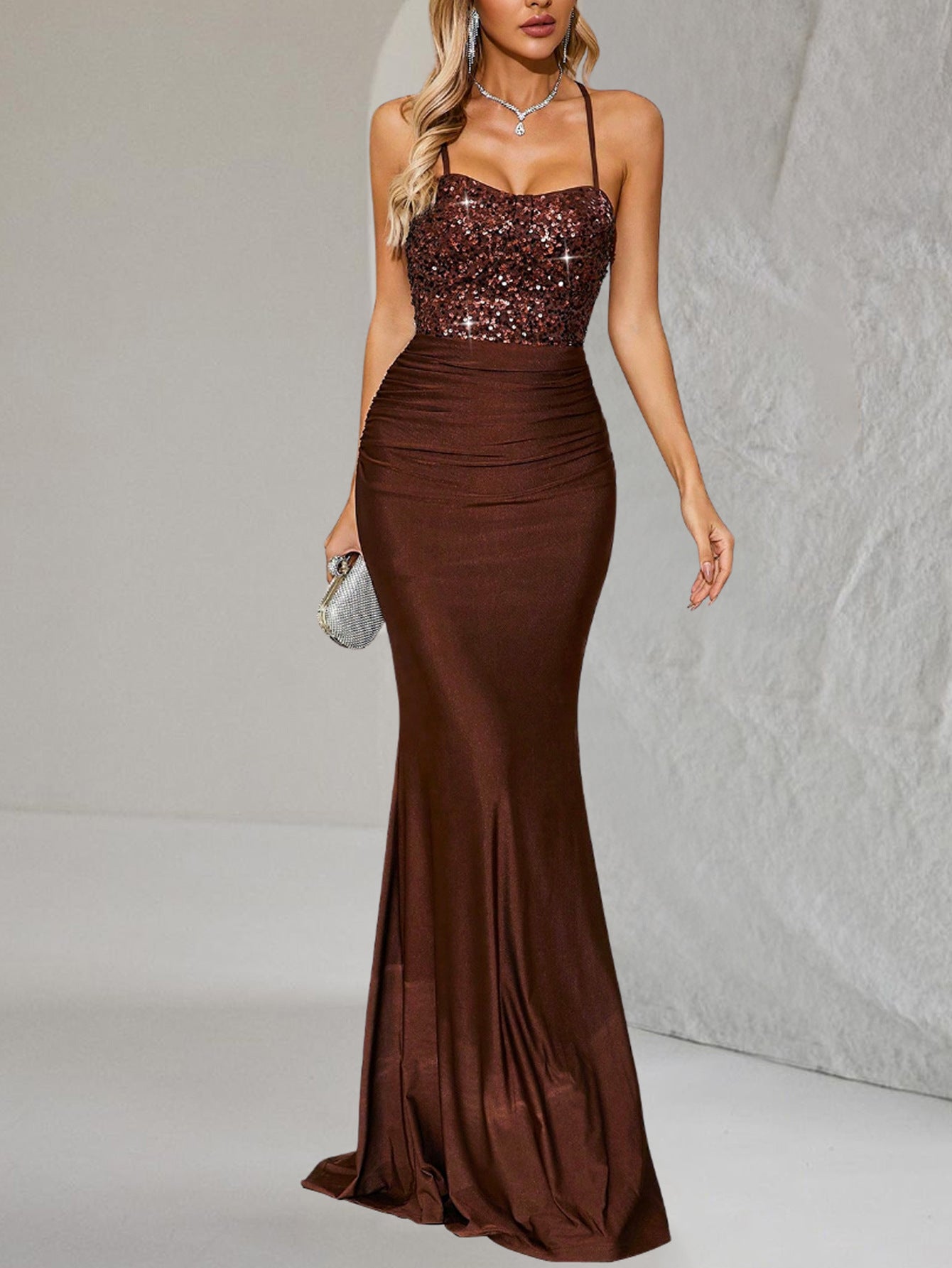Women Solid Strapless Off-Shoulder Sequined Backless Lace-Up Fishtail Evening Dress 14