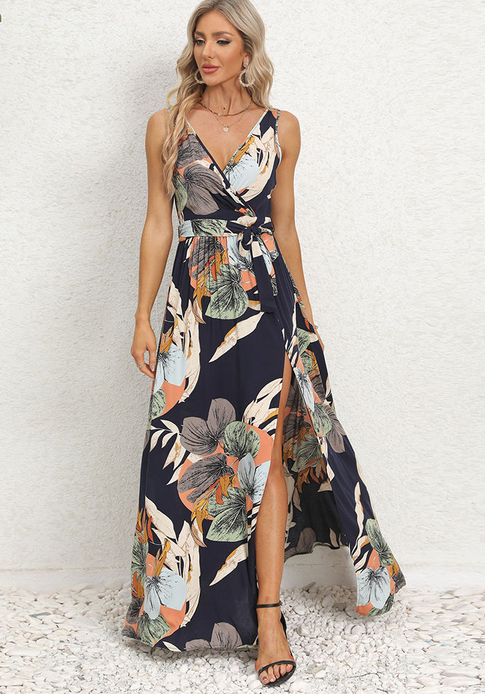 Summer Women's V-Neck Sleeveless Slit Printed Long Strap Dress 5