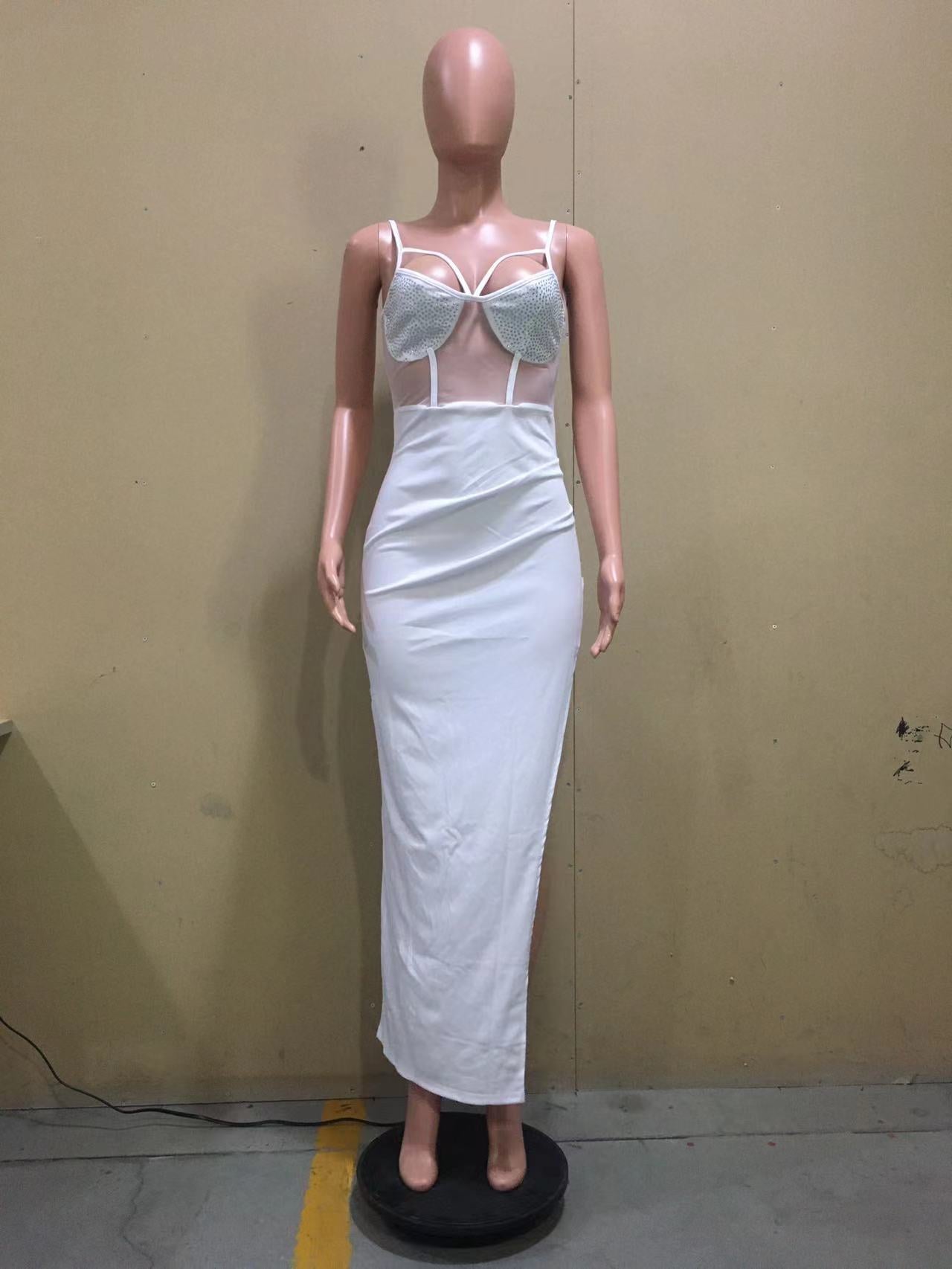 Women Summer Patchwork Mesh Beaded Slit Long Dress 25