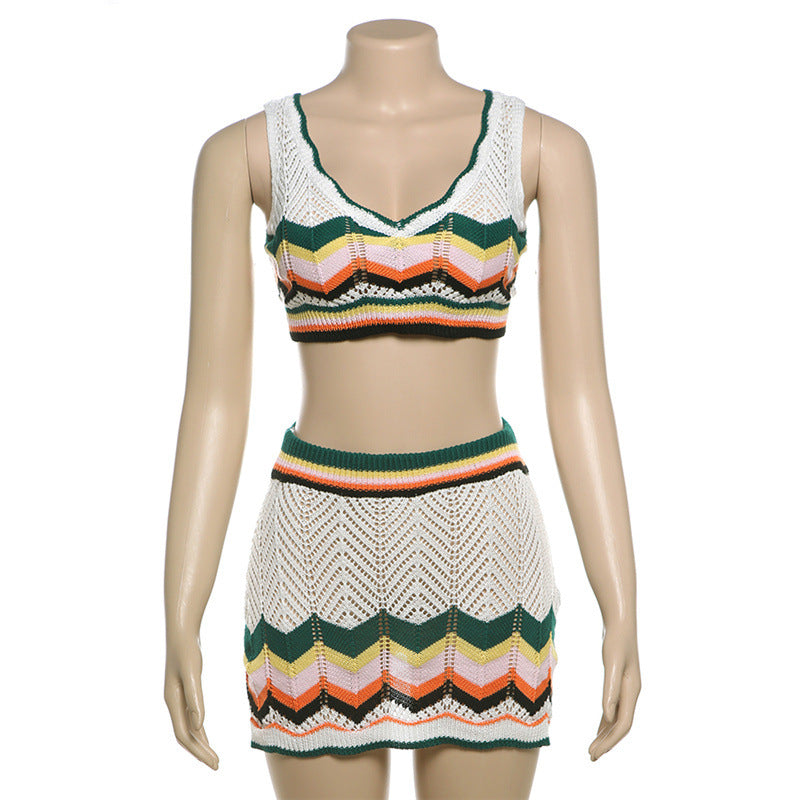 Summer Fashion Contrast Sexy V-Neck Crop Vest High Waist Slim Short Skirt Two Piece Set 6