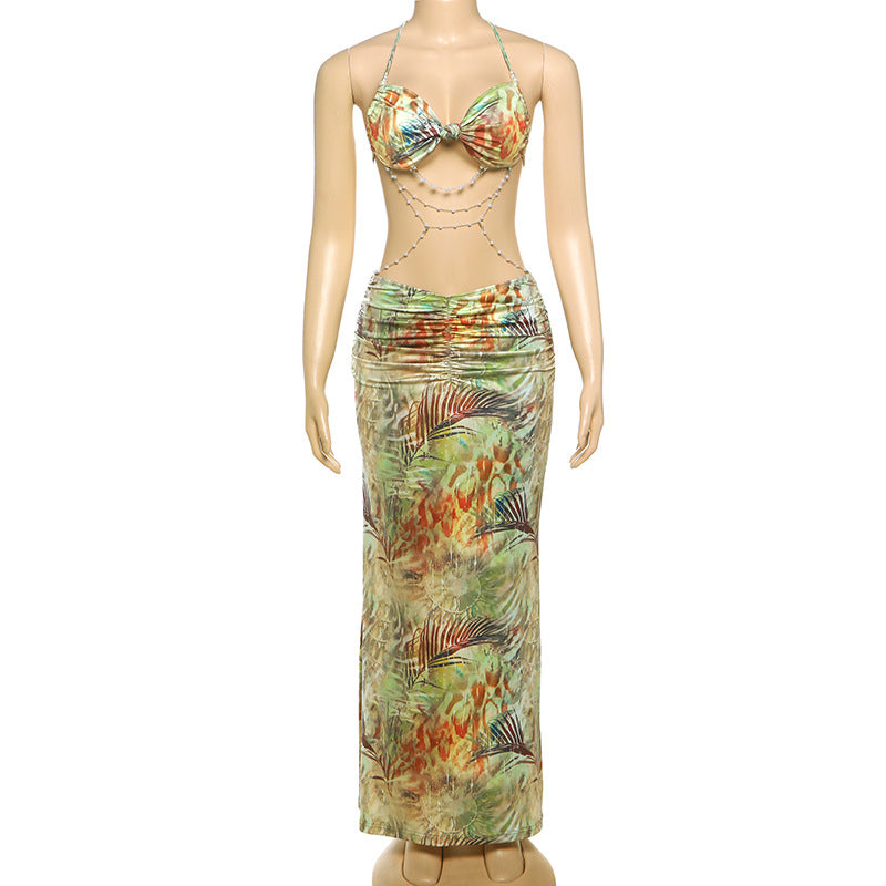 Women's Spring Halter Neck Tie Beaded Chain Slim Low Back Sexy Dress 16