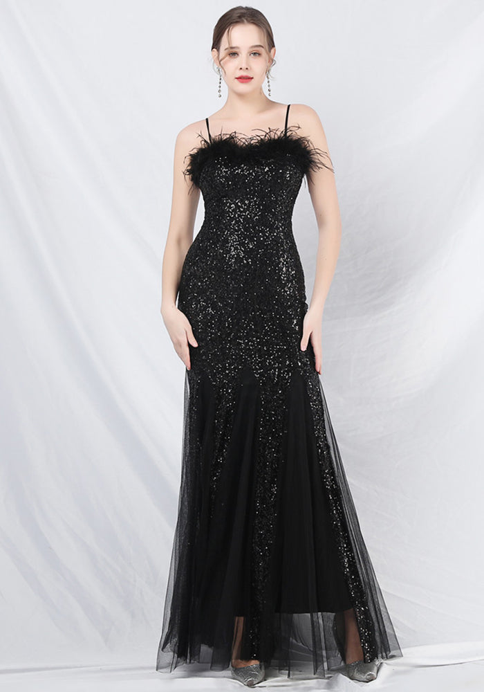 luxury feather mesh sequined long evening dress