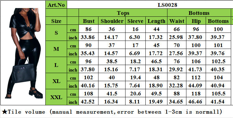 Women Sexy Pu Leather Short Sleeve Top and Pant Two-Piece Set 7