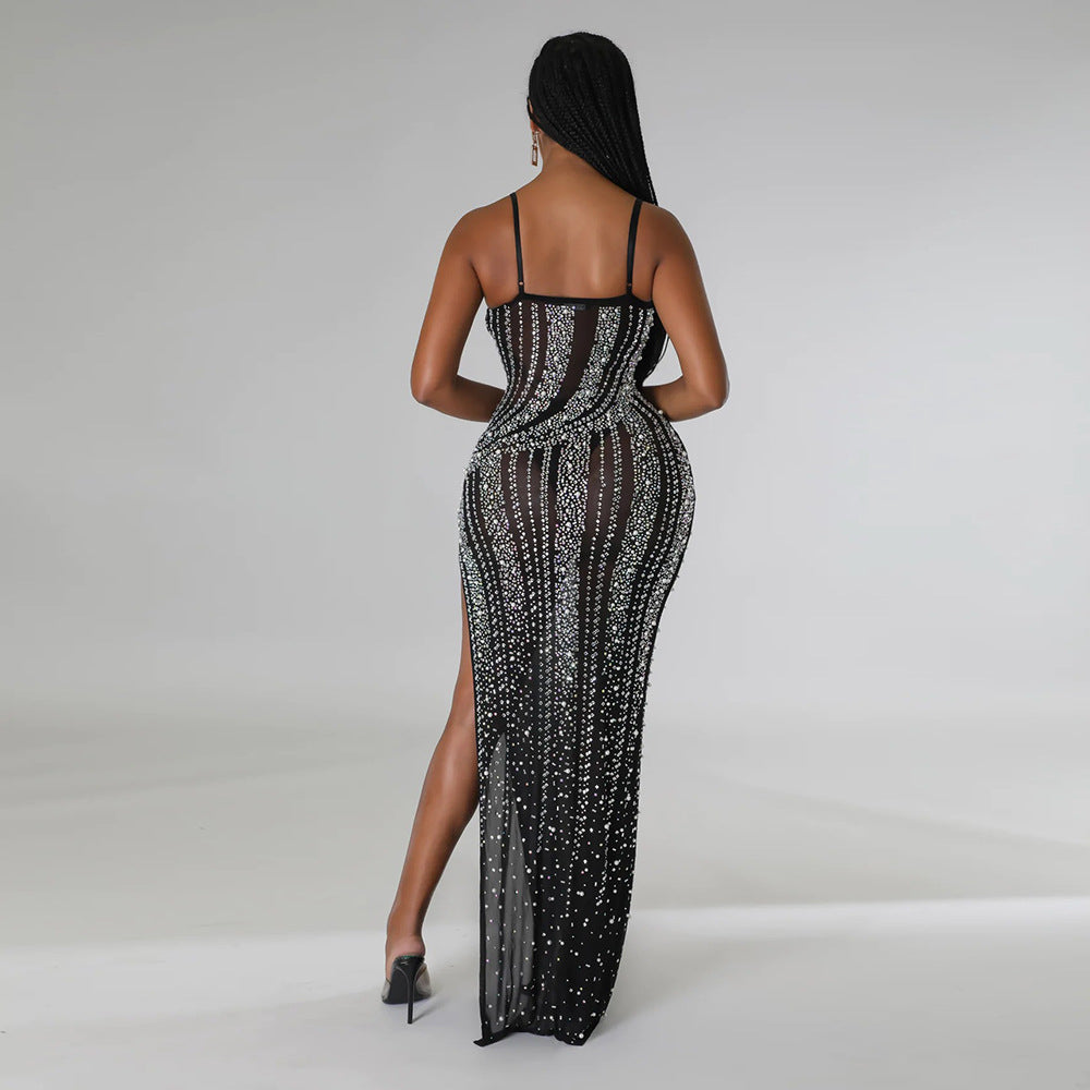 Women's Nightclub Party Sexy Sling Slit Beaded Dress 5