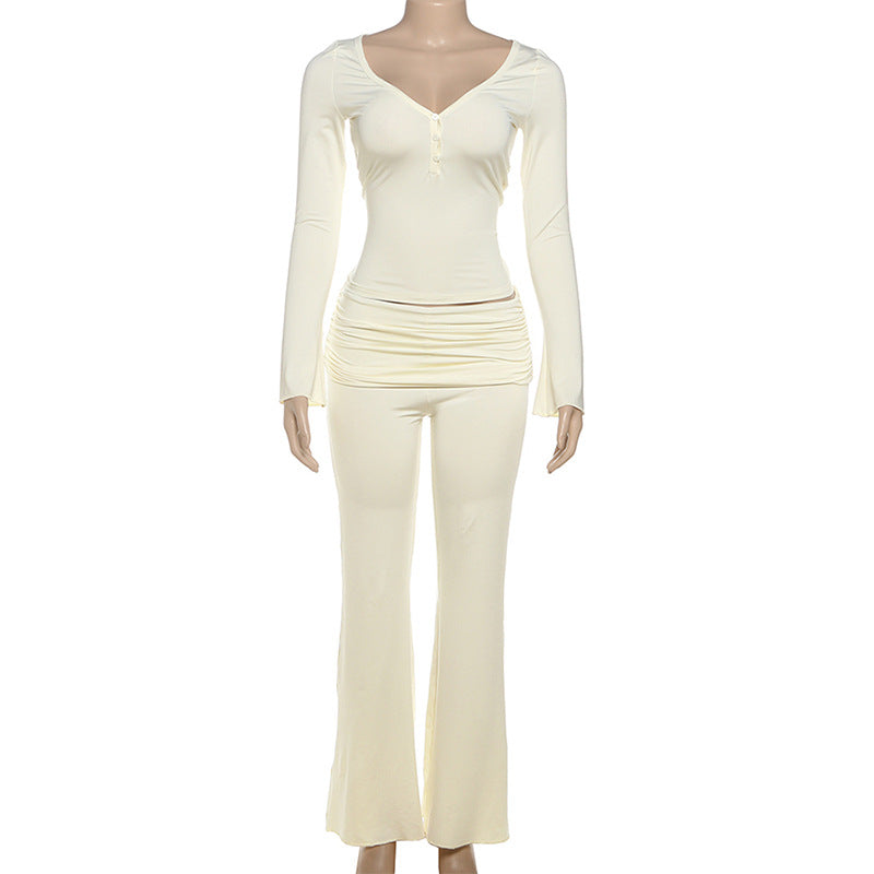 Women Fall Solid V-Neck Buttoned Long-Sleeve T-Shirt and Bell Bottom Two-Piece Set 9