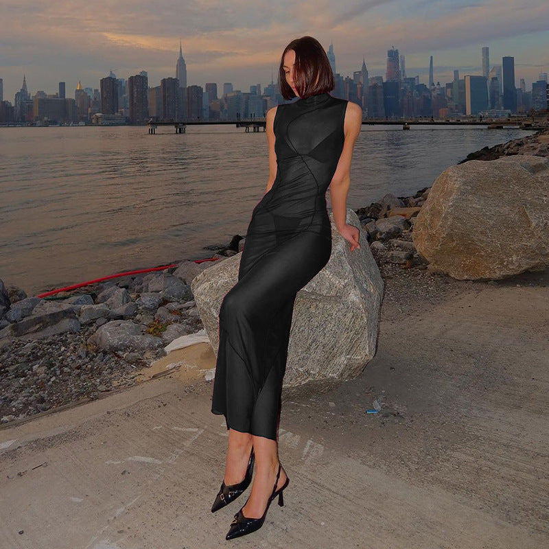 Spring Women's Solid Sexy See-Through Mesh High Waist Bodycon Long Dress 5