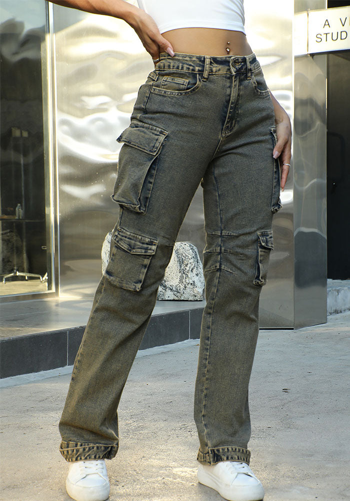 Women Patchwork Lace Cargo Denim Wide Leg Pants