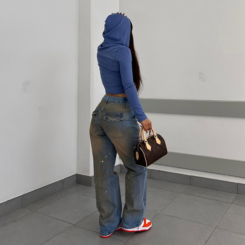 Women American Retro Gradient High Waist Ripped Splash Straight Denim Pants 5