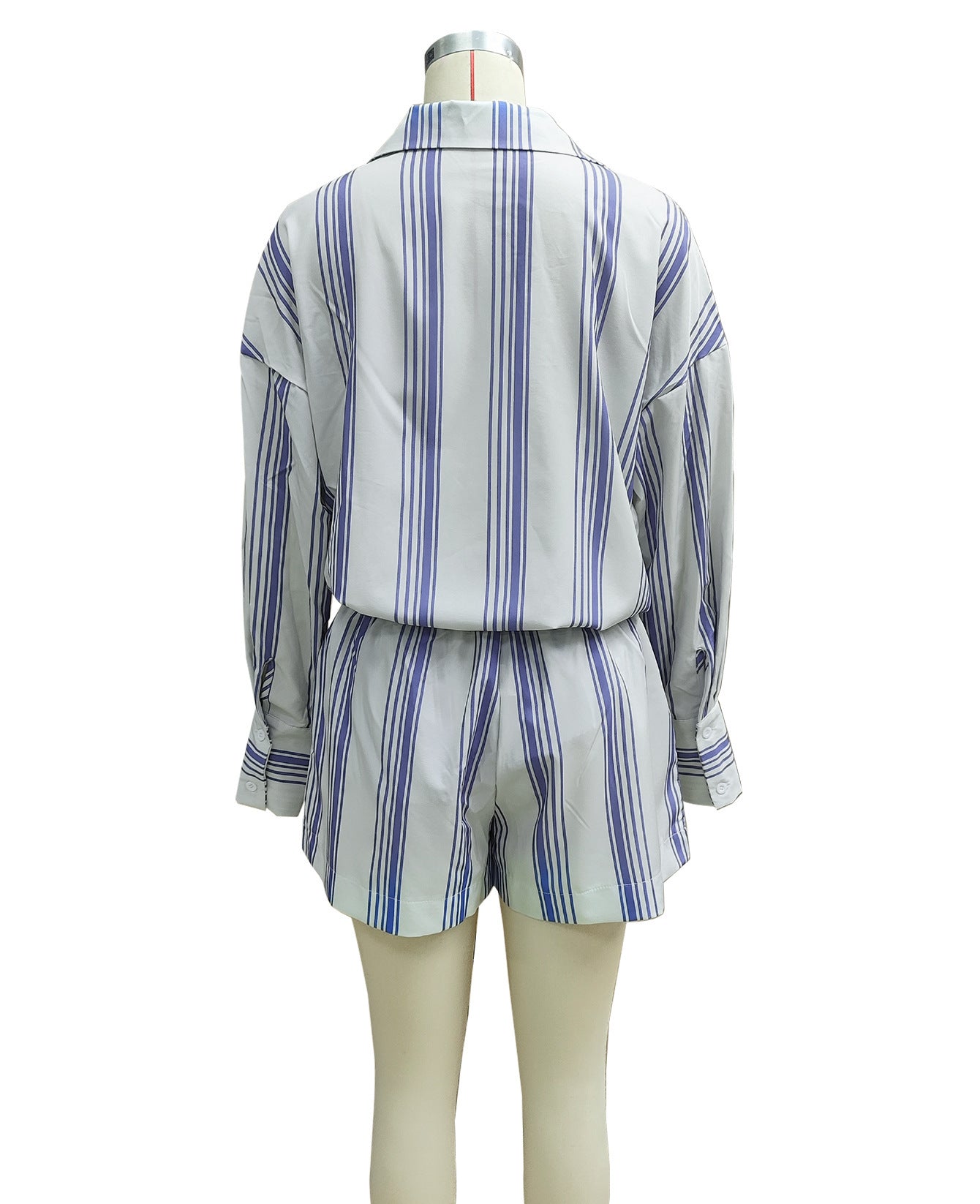 Women's Autumn Long Sleeve Shirt & Striped Shorts Casual Two-Piece Set 4