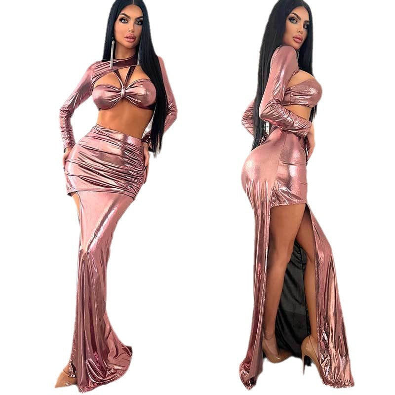 Women Solid Long Sleeve Sexy Top and Slit Long Skirt Two Piece Set 6