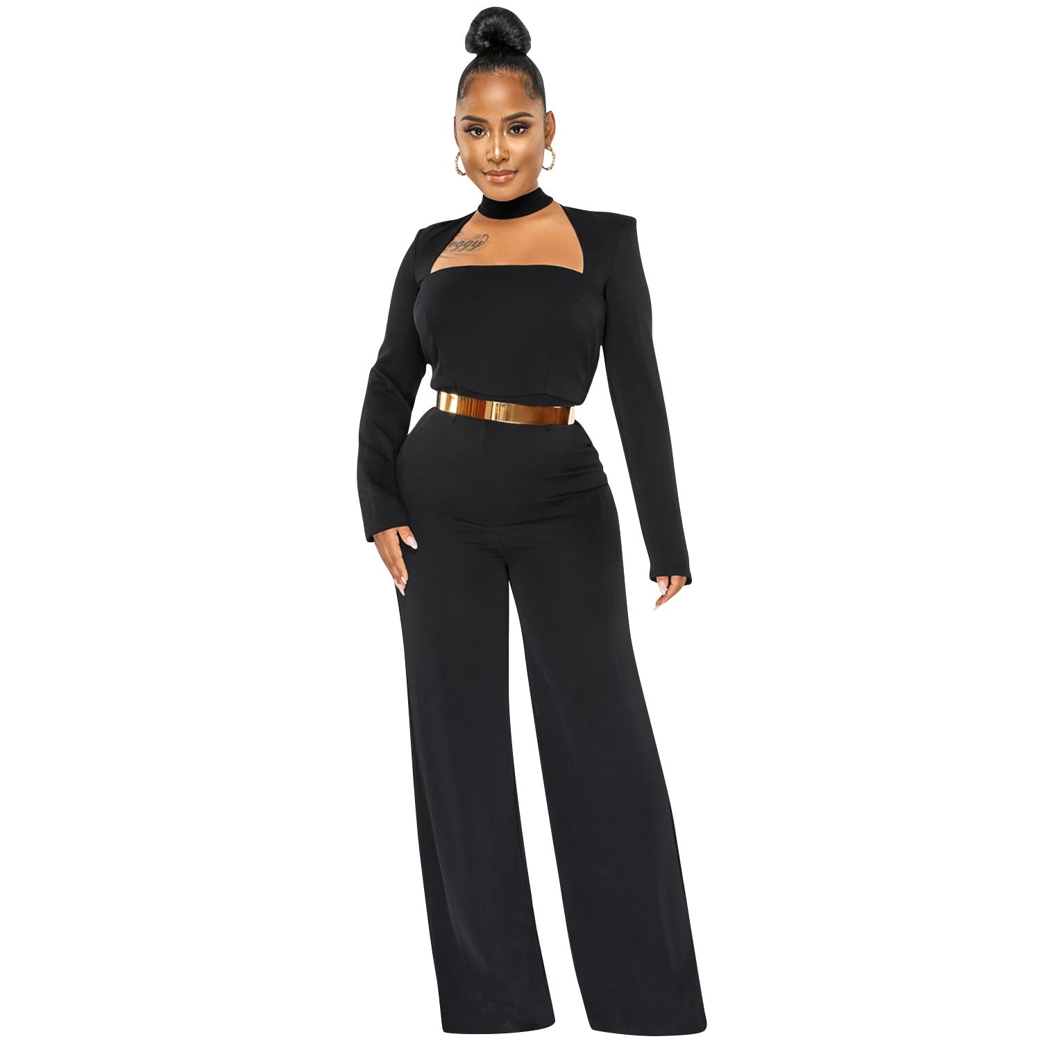Women Fashion Solid Color Long Sleeve Wide Leg Pants Jumpsuit 9