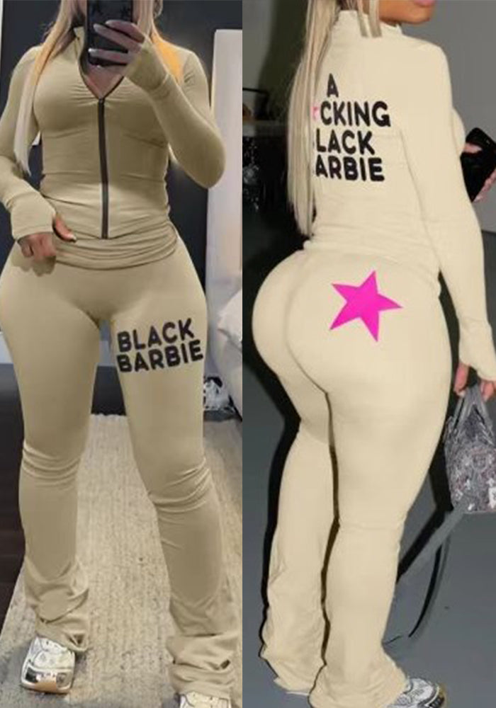 Women star print zipper top and pants yoga two-piece set