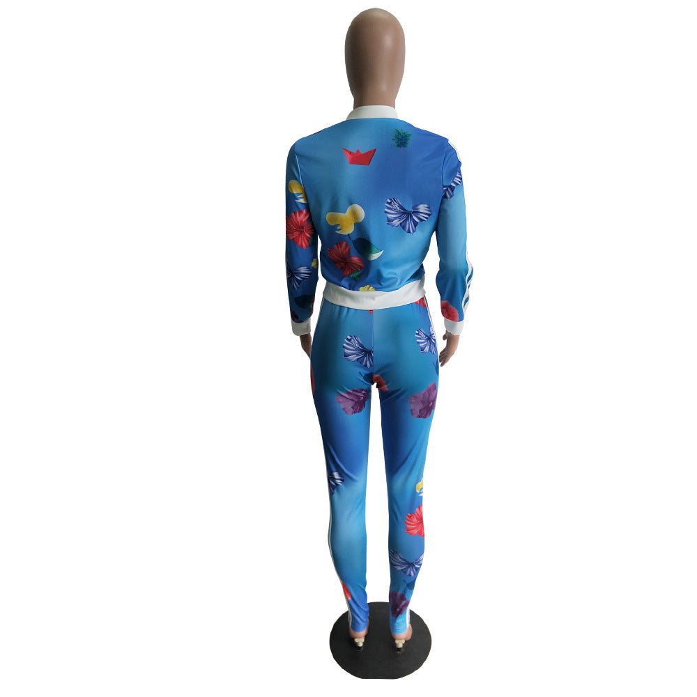 Autumn Printed Stripes Zipper Sports Two Piece Pants Set 6