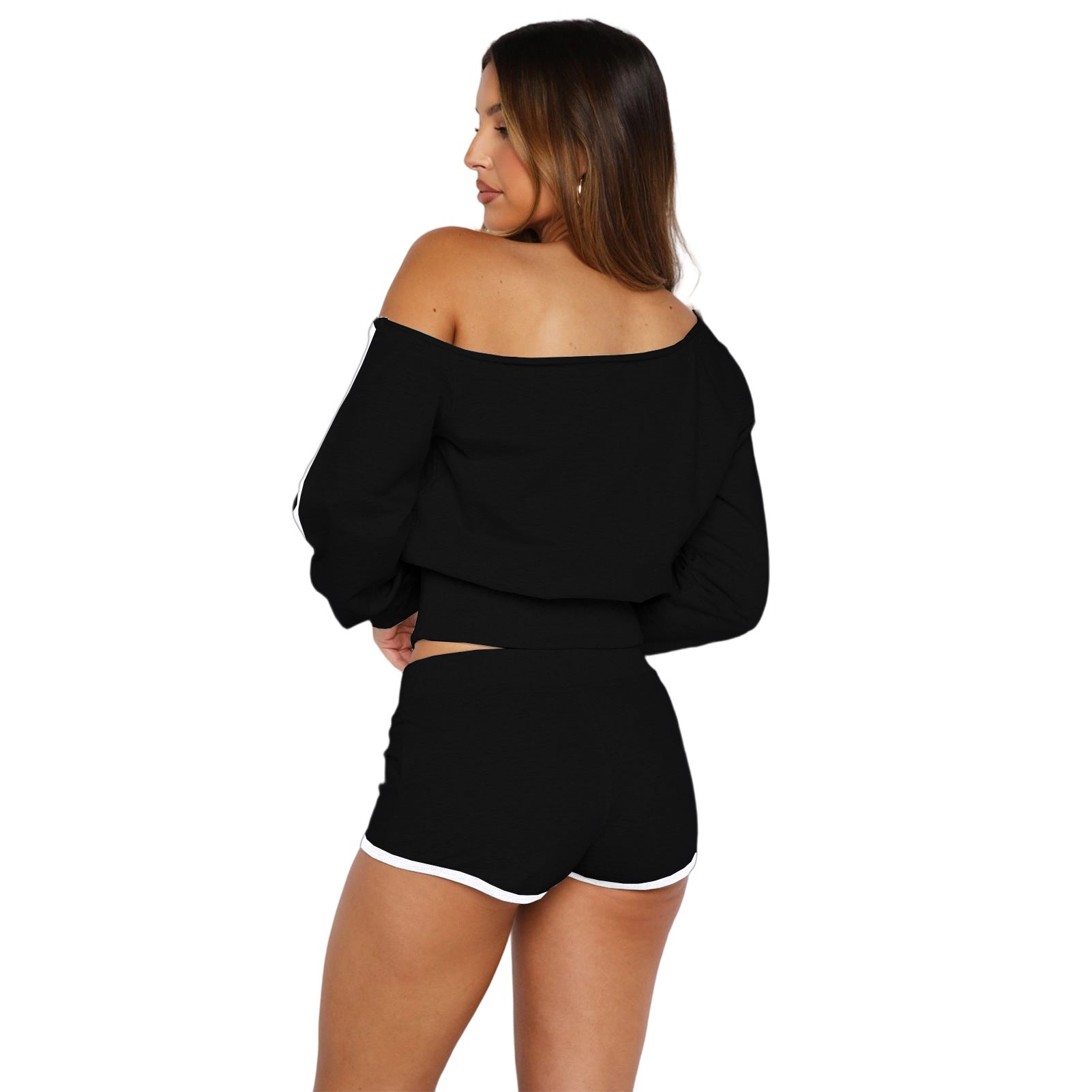 Women's Casual Slash Shoulder Long Sleeve Top Drawstring Shorts Two-Piece Set 54