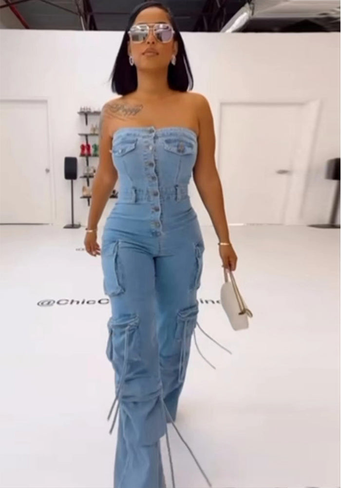 Women Strapless Button Cargo Jumpsuit