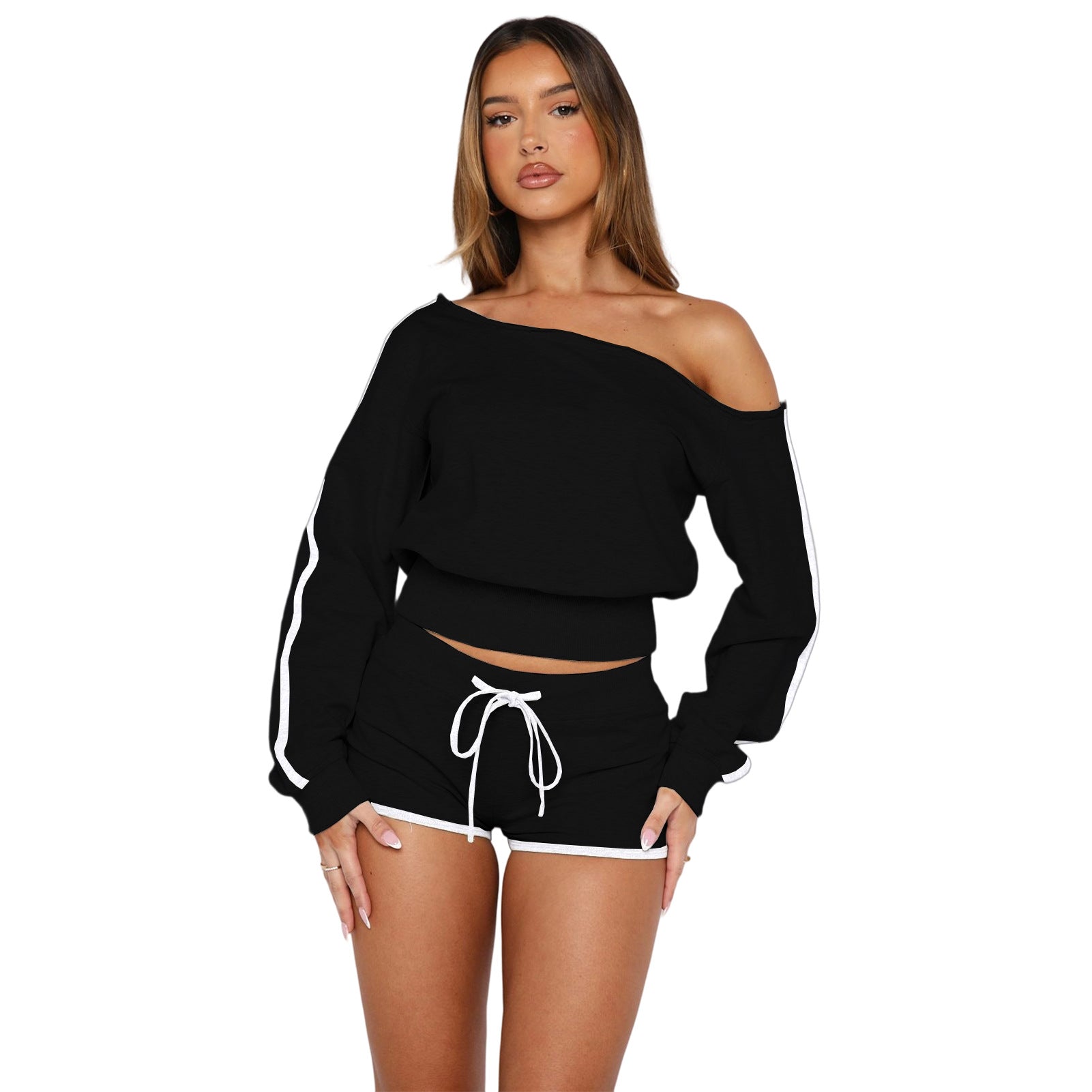 Women's Casual Slash Shoulder Long Sleeve Top Drawstring Shorts Two-Piece Set 52