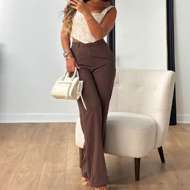 Autumn  Women Chic Career Straight Pants Versatile Fashion Wide Leg Casual Pants