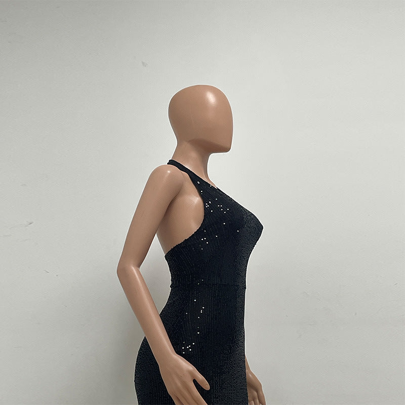 Women Backless Party sleeveless Halter Neck tassel sequin slit dress 16