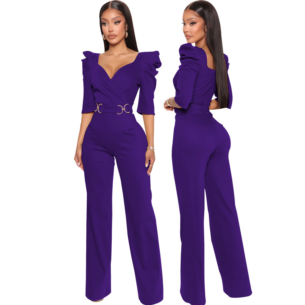 Sexy Fashion Solid Color Three-Quarter Sleeve V-Neck Jumpsuit Women's Clothing 7