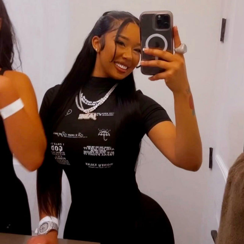 Summer Solid Color Round Neck Short Sleeve Letter Print Slim Mini Dress 4