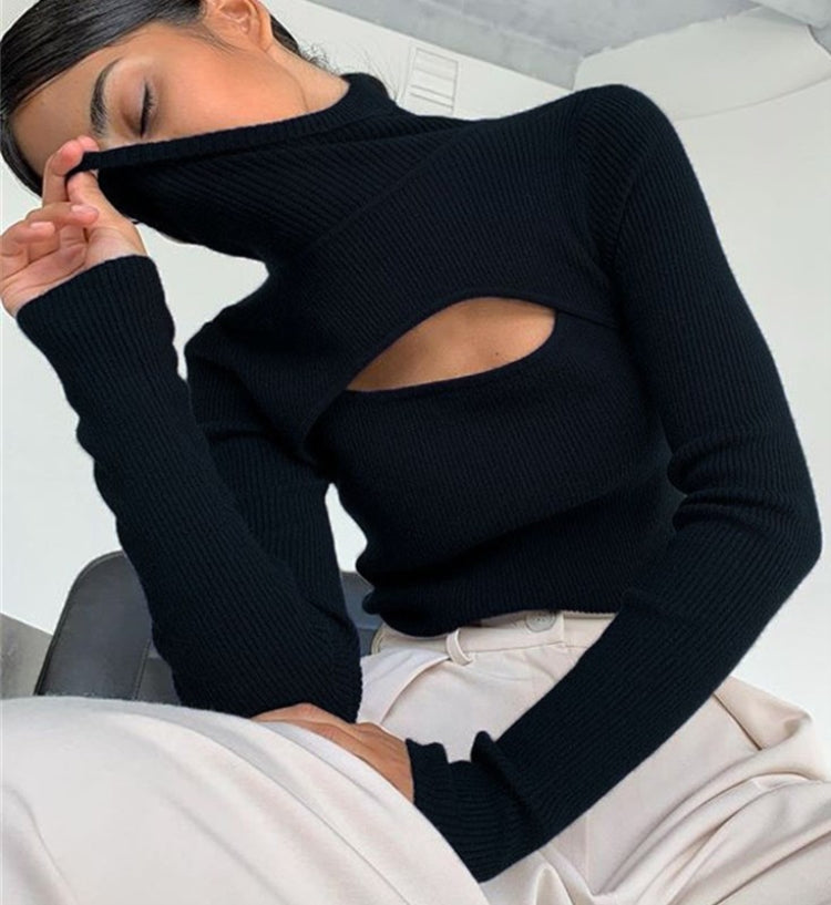Winter Black Turtleneck Cut Out Knit Basic Top 3