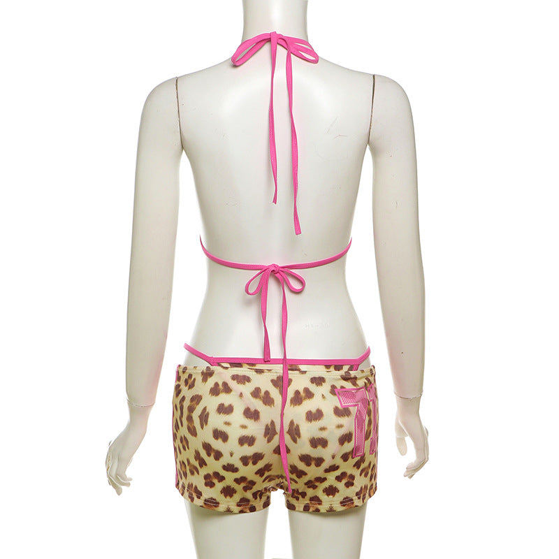 Summer women's contrast strap leopard print bra high waist Bodycon Shorts Set 6