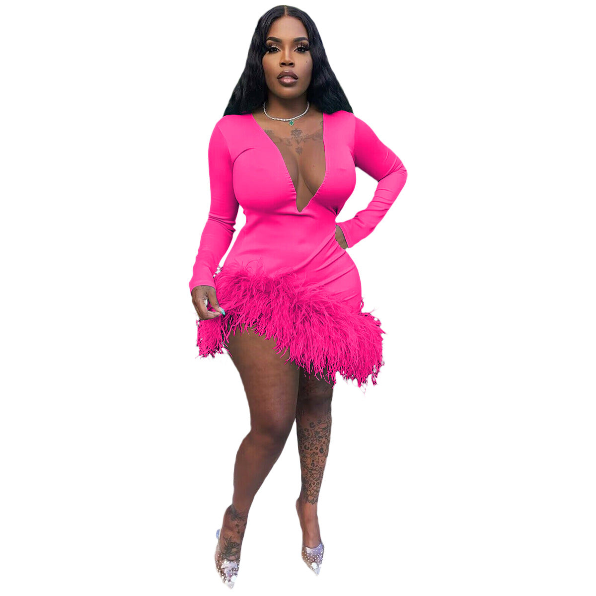 Autumn and winter sexy v-neck fringed dress