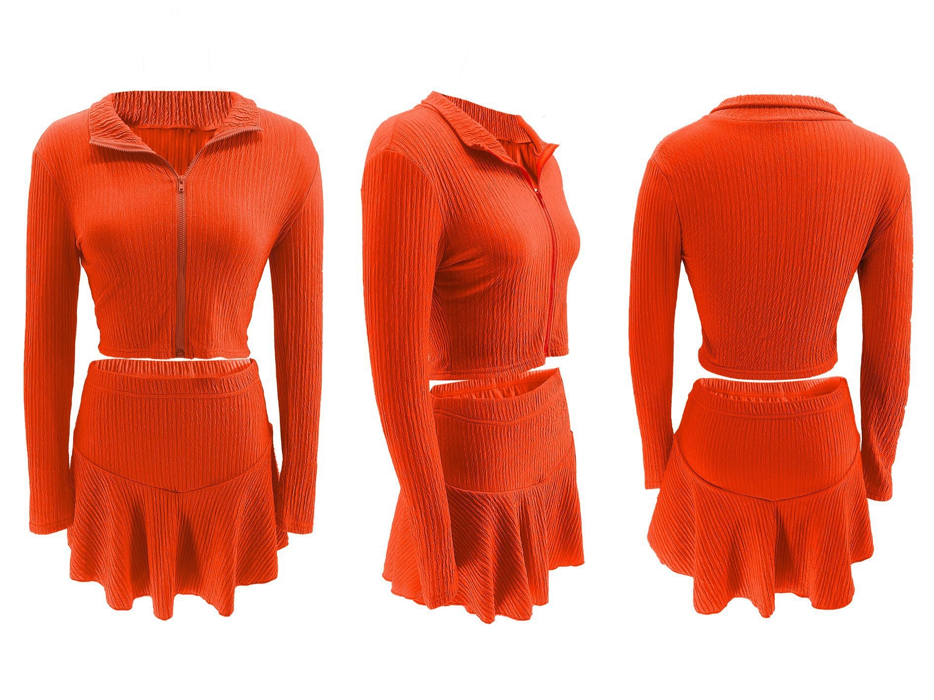 Women Solid Zippered Cropped Top Two-piece set with ruffled skirt 26